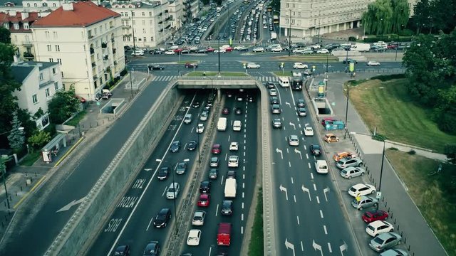 Aerial shot of rush hour traffic jam in the city. Warsaw, Poland