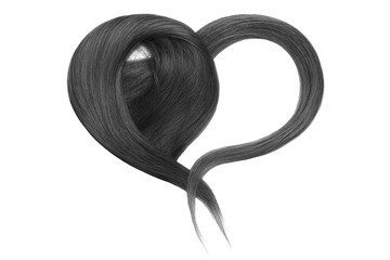 Black hair in shape of heart on white background