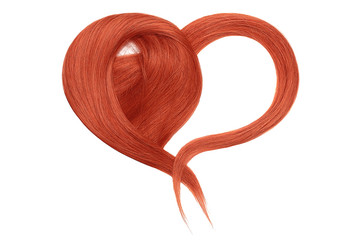 Red hair in shape of heart on white background
