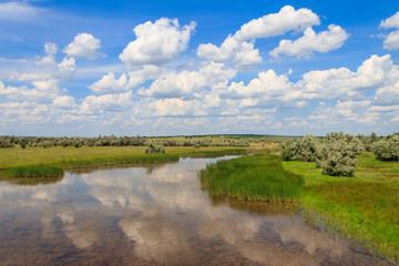 Fototapeta na wymiar Summer landscape with small river and blue cloudy sky