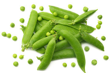 fresh green peas isolated on white background. top view