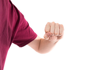 Fototapeta na wymiar Man in t-shirt with clenched fist isolated on white background