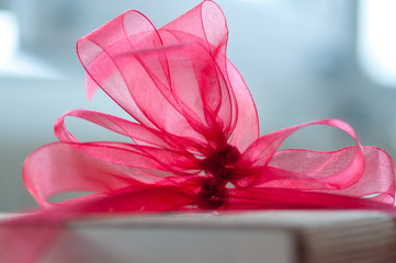 Close-up of a red bow gift wrapping around a box made of bamboo sticks
