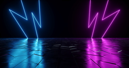 Futuristic Sci-Fi Thunderbolt Shaped Neon Tube Vibrant Purple And Blue Glowing Lights On Reflective Tilted Rough Concrete Surface In Dark Room Empty Space 3D Rendering