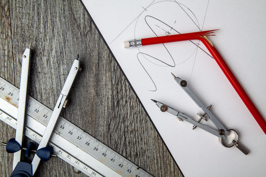 Technical Drawing with Compass, Broken Pencil & Steel Rule