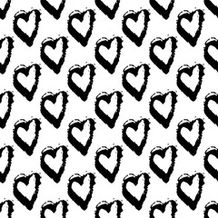 Vector seamless pattern with brush heartss. Black color on white background. Hand painted grange texture. Ink grange elements. Decorative ornament of love sign. Repeat fabric print.