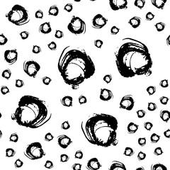 Vector seamless pattern with brush circle and round. Black color on white background. Hand painted grange texture. Ink geometric elements. Fashion modern style. Endless fabric print. Swirl