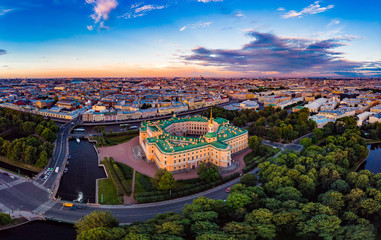 SAINT-PETERSBURG Russia: beautiful Top view of St. Petersburg from the air an Mikhailovsky castle engineerin and summer garden on a Sunny summer day.