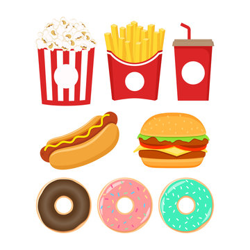 Fast food icons set. Burger, popcorn, french fries, soda, donut and hot dog colorful cartoon set.