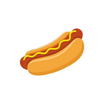 Hot dog with mustard colorful vector cartoon. Fast food hot dog vector clipart icon.