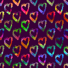 seamless pattern with brush stripes and strokes. Rainbow watercolor color on violet background. Hand painted grange texture. Ink geometric elements. Fashion modern style. Endless fabric print.