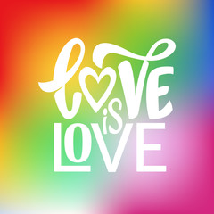 Fototapeta premium Gay Lettering. Conceptual poster with LGBT rainbow hand lettering for print materials and design elements. Colorful glitter handwritten phrase Love is Love isolated on black background. Vector