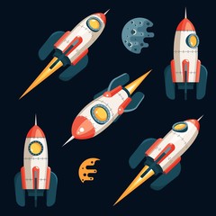 Space Rocket in 3d cartoon style - set from several angles. Black background. Vector illustration.