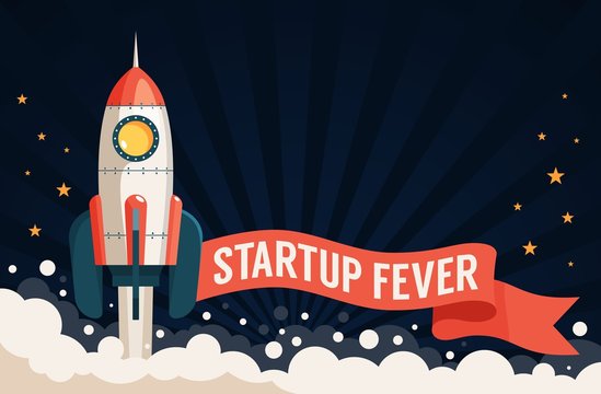 Launch rocket and ribbon with an inscription - a template for a startup poster