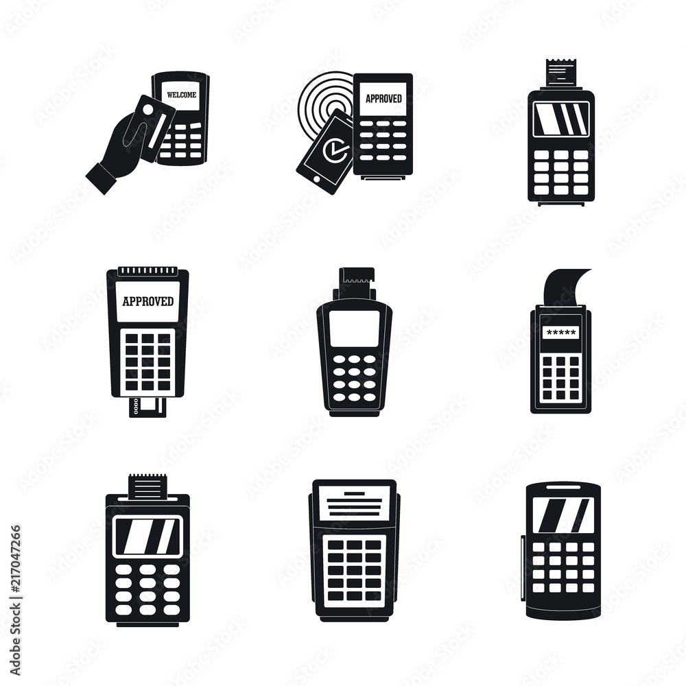 Poster bank terminal card credit machine icons set. simple illustration of 9 bank terminal card credit mach