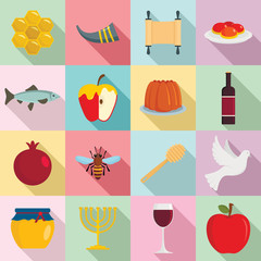 Rosh Hashanah jewish holiday torah icons set. Flat illustration of 16 Rosh Hashanah jewish holiday torah vector icons for web