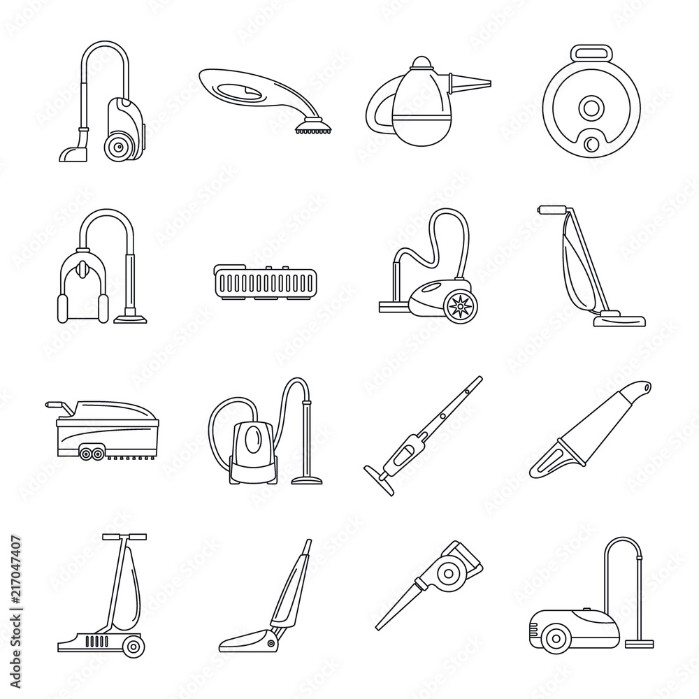 Poster vacuum cleaner washing appliance icons set. outline illustration of 16 vacuum cleaner washing applia