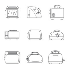 Toaster kitchen bread gourmet oven icons set. Outline illustration of 9 toaster kitchen bread gourmet oven vector icons for web