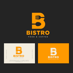 Bistro cafe logo. Yellow B letter with fork and spoon, isolated on a dark background. Identity. Business card.