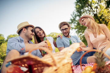 Happy friends on picnic in park