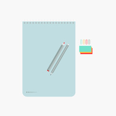 Gridded spiral art notepad with red marker and pencil. Top view of a notebook with colorful clips and papers. Vector illustration.