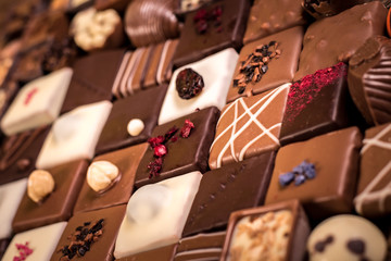 Assortment of fine chocolate candies, white, dark and milk chocolate