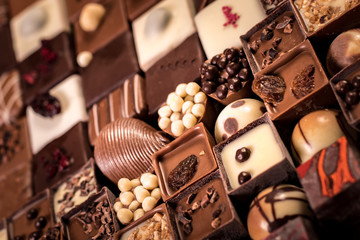 Assortment of fine chocolate candies, white, dark and milk chocolate