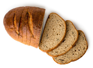 A loaf of gray sliced bread on a white, isolated. The view from the top.