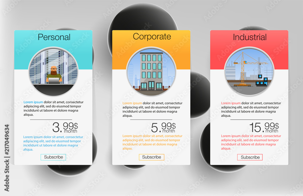 Aufkleber three tariffs banners. web pricing table. vector design for web app. price list.