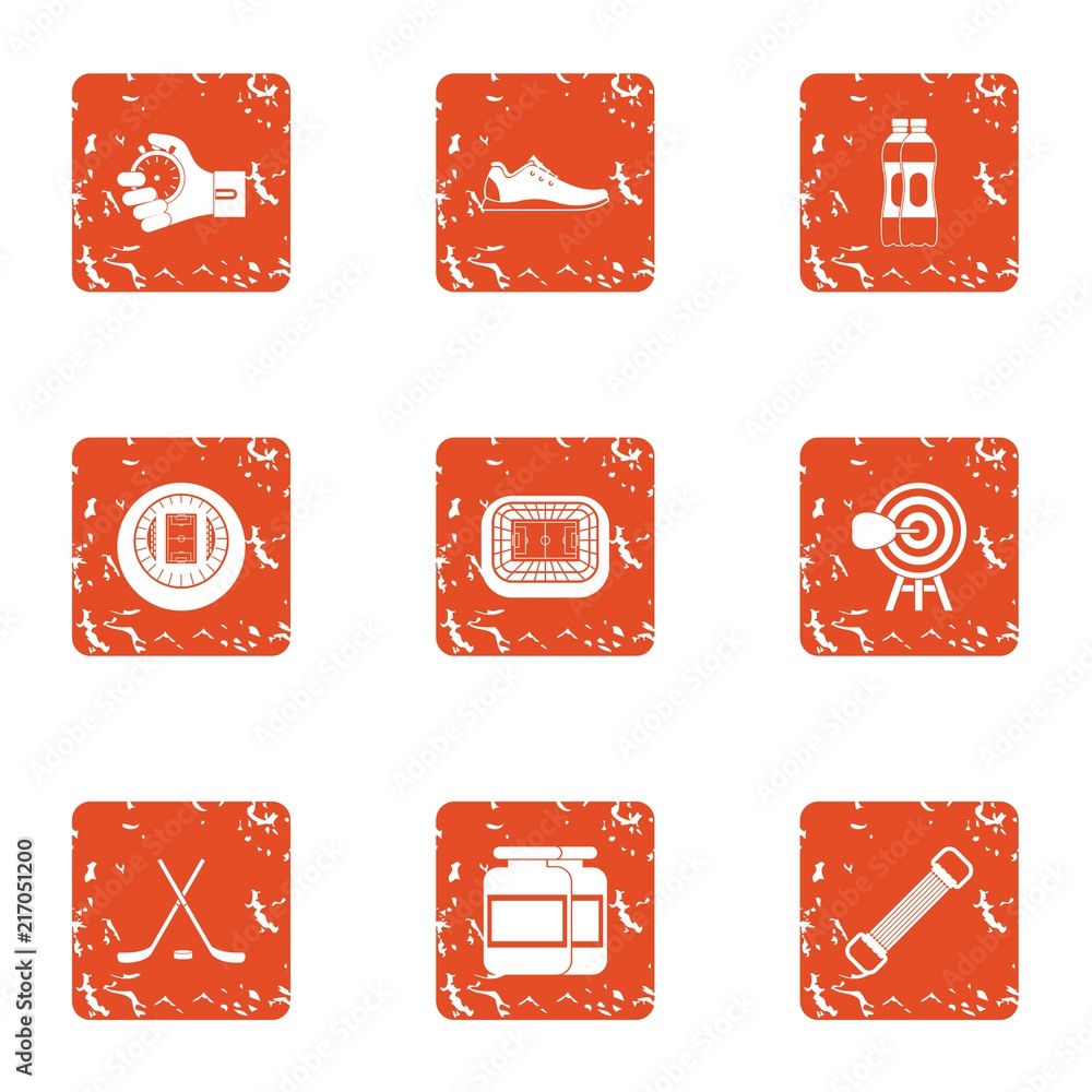 Poster hard training icons set. grunge set of 9 hard training vector icons for web isolated on white backgr