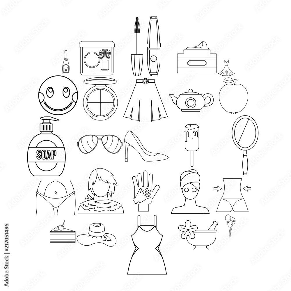 Poster female attributes icons set. outline set of 25 female attributes vector icons for web isolated on wh