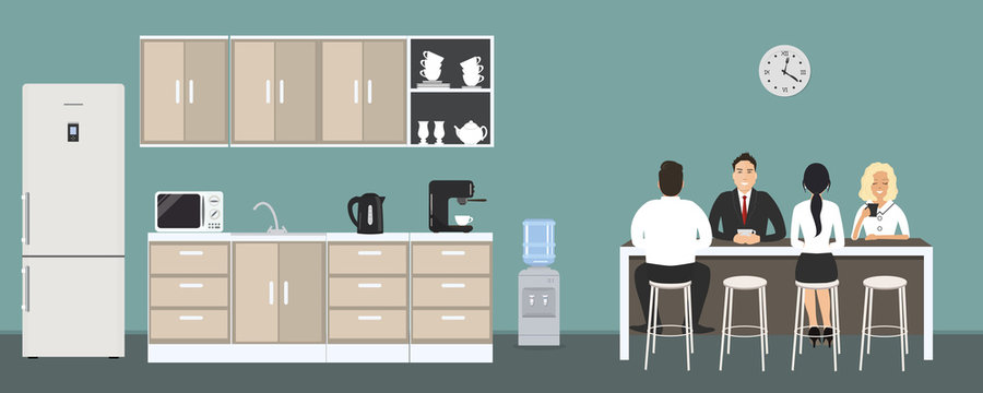 Office kitchen. Dining room in the office. Employees are sitting at the table. Coffee break. There are kitchen cabinets, a fridge, a microwave, a kettle and a coffee machine in the image. Vector