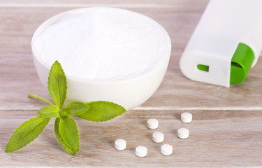 Stevia leaf powder and pills - Stevia rebaudiana.