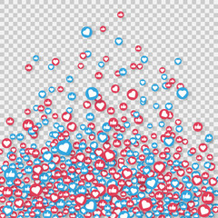 Social network symbol. Like and thumbs up icons isolated on transparent background. Counter notification icons. Social media elements. Emoji reactions. Vector illustration