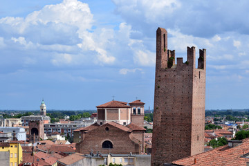 Aerial panoramic view of the city center of the little town of Rovigo with its main landmarks the tower and the Duomo. It is a nice village close to Venice in Italy.