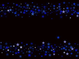 Blue Stars Confetti, Glowing Vector Border Background. Magic Christmas Lights, Gamour Sparkles, Glitter for Birthday Party Celebration. New Year Holiday Falling Down Stars Confetti, Gift Decoration.