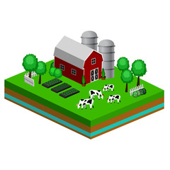 Isometric Red Barn And Trees cows vector illustration