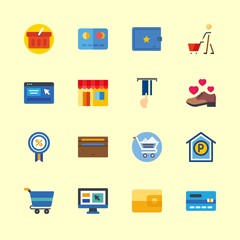 shopping vector icons set. discount, shopping basket, credit card and wallet in this set