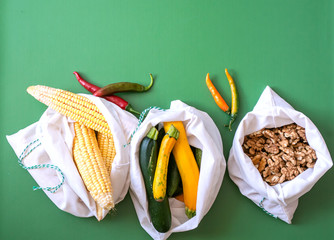 zero waste shooping with texlile bags on green background. 