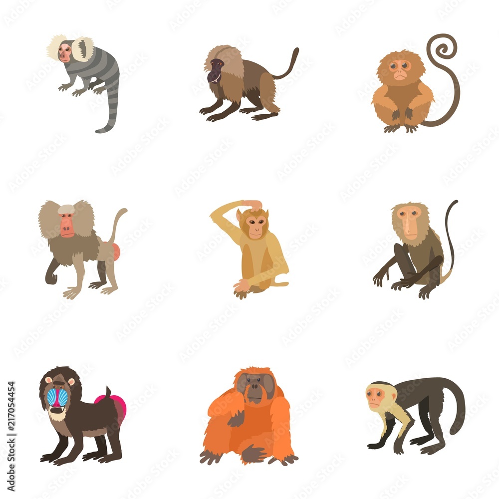 Poster simian icons set. cartoon set of 9 simian vector icons for web isolated on white background