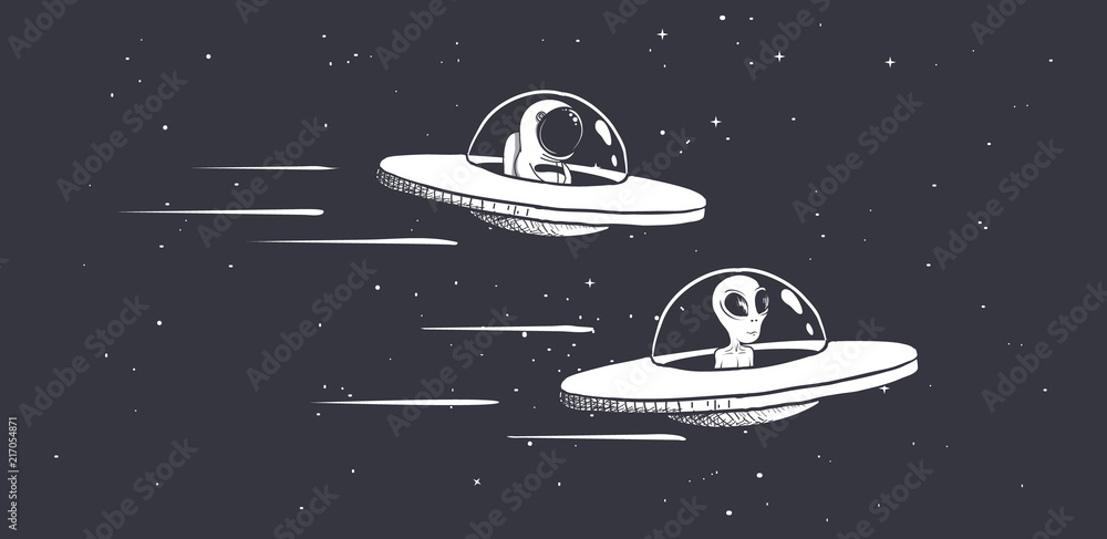 Canvas Prints competition astronaut and aliens on flying saucers in outer space.vector illustration