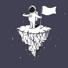 Astronaut has put the flag on flying island in outer space.Vector illustration