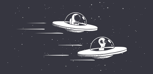 competition astronaut and aliens on flying saucers in outer space.Vector illustration - obrazy, fototapety, plakaty