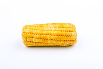 Close-up on oiled corn on the cob isolated on white background, text space