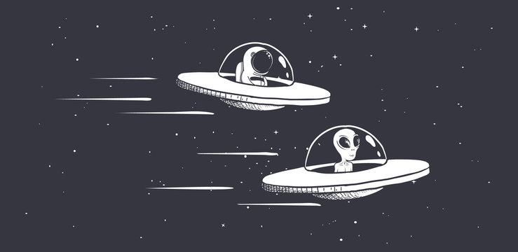 competition astronaut and aliens on flying saucers in outer space.Vector illustration