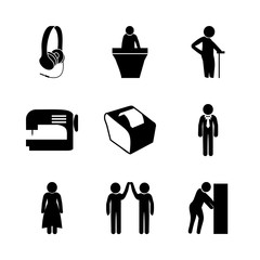 business vector icons set. clothe sewing machine, reception, business man and irons headphones in this set