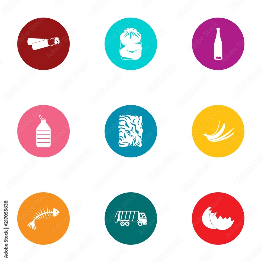 Poster waste product icons set. flat set of 9 waste product vector icons for web isolated on white backgrou