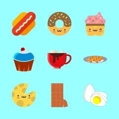 eat vector icons set. fried chicken leg, donut, cheese and chocolate in this set