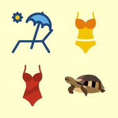tropical vector icons set. swimsuit, sunbed and turtle in this set