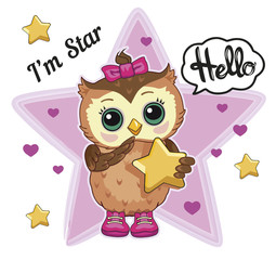 Cute funny owl on white background. Isolated children cartoon illustration with animal, heart, stars and motivating text, suitable for print, sticker. Decorative or style doll, toy. Romantic. Vector.